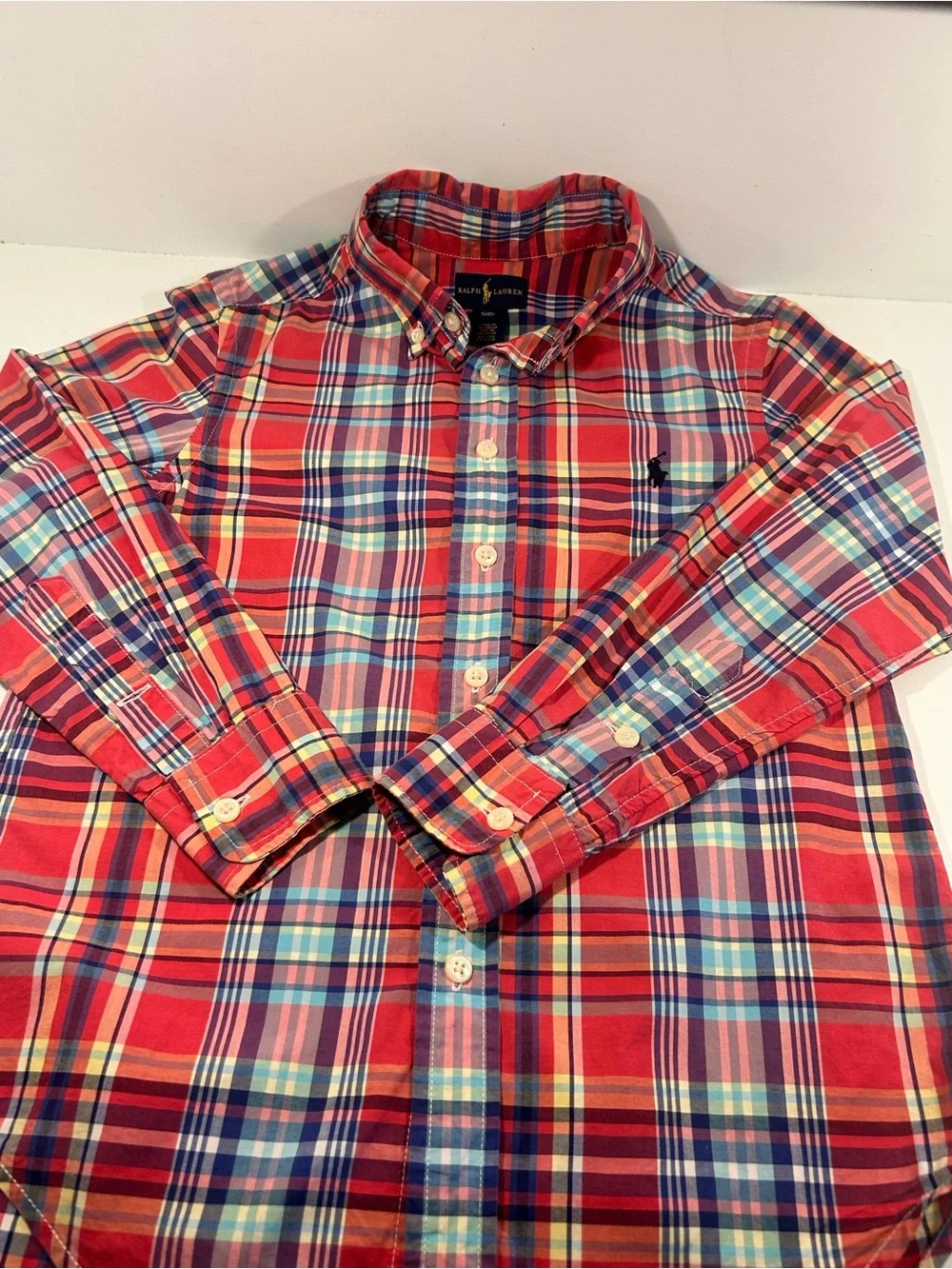 Polo Ralph Lauren Boys Size 8 Red Blue Plaid Long Sleeve Button Down Shirt